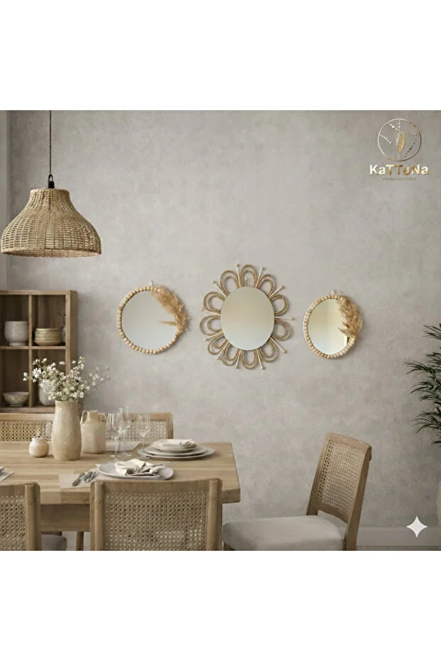 Hasır Örgü Papatya Ve Boncuk Ayna Duvar Dekorasyon Ürünü 3’lü Set